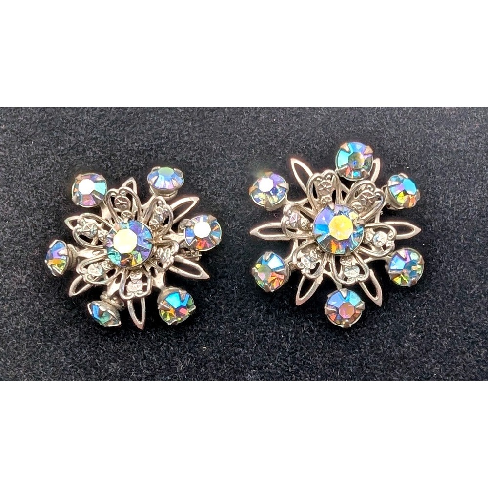 Vintage Silver Aurora Borealis Rhinestone Snowflake Starburst Brooch Set 2pc